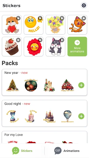App home screen showing individual stickers with download counts and curated packs organized by themes like New Year