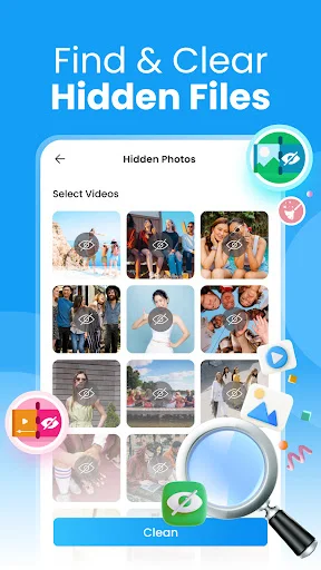 Hidden photos detection screen showing concealed photos grid with magnifying glass search to select and clear files
