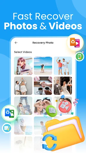 Fast recovery tool displaying deleted photos and videos available for restoration from device storage