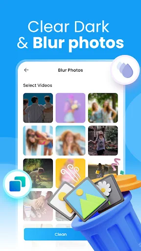 Blur photo detector identifying out-of-focus images in photo grid for clearing blurry photos from phone storage