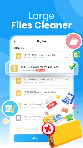 Large files cleaner interface listing files by size with options to identify and remove space-consuming items