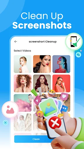 Screenshot cleanup interface displaying screenshot grid with options to batch delete and recover phone storage