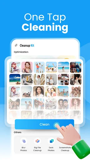 One-tap phone cleaner showing full photo gallery with cleanup categories for blur, duplicates, and screenshot removal