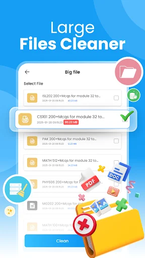 Large files cleaner screen listing storage-heavy files and applications with selection and deletion options