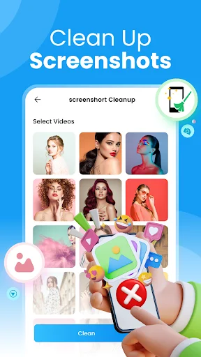 Screenshot cleanup screen for selecting and removing unnecessary screenshots from phone storage