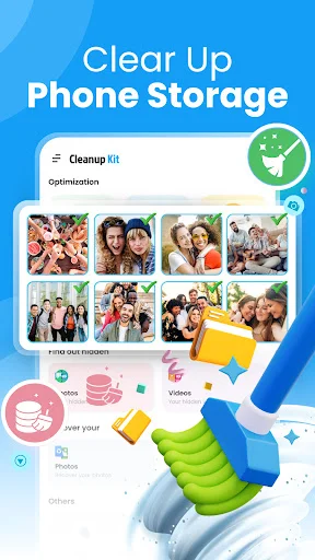 CleanupKit phone storage optimization interface showing duplicate photo detection with cleanup options and trash icon