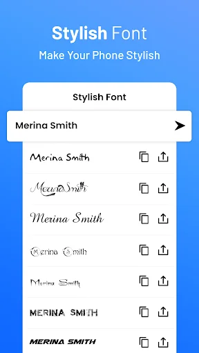 Stylish Fonts app interface showing text Merina Smith converted to multiple decorative font styles with copy and share options