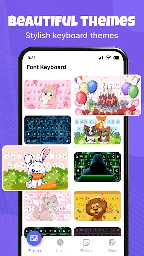 Font Keyboard themes showcasing diverse themed layouts with cute animals, dark mode, and colorful keyboard designs