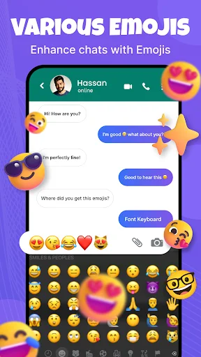 Emoji keyboard for chats with extensive emoji options to enhance messaging conversations with expressive reactions