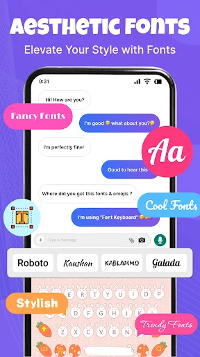 Aesthetic font styles including Roboto, Kanthan, and stylish fonts with customizable keyboard layout options