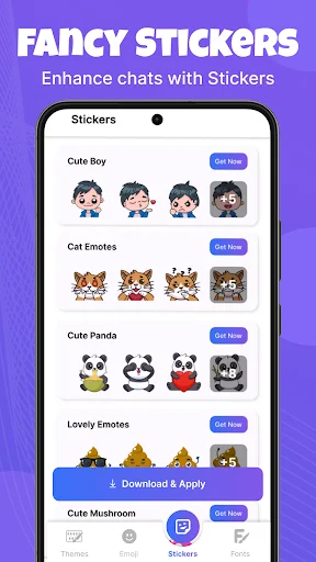 Sticker collection categories like cute boy, cat, panda, mushroom with download options for keyboard enhancement