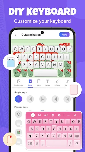 DIY keyboard customization with theme options, key styles, and decorative designs for personalized typing