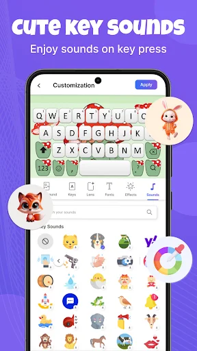 Cute key sound customization with character sounds for keyboard feedback and enhanced typing experience