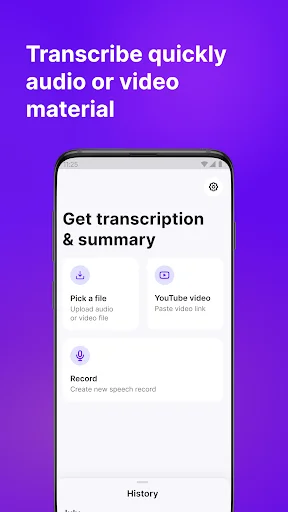 Sum AI home screen showing transcription options: Pick a file, YouTube video, and Record buttons to create transcripts and summaries
