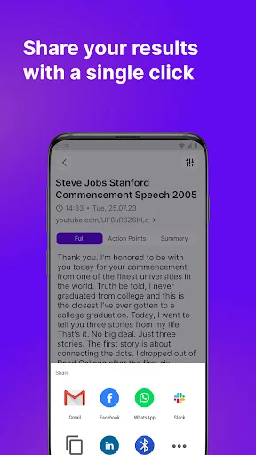 Share transcribed text using email, Facebook, WhatsApp, LinkedIn, Skype, Google Plus, or copy-to-clipboard options