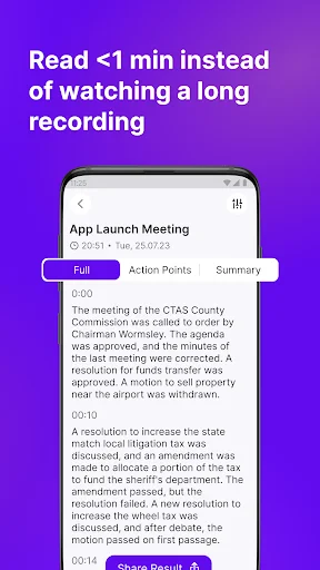 App Launch Meeting transcription with Full text, Action Points, and Summary tabs displaying timestamped meeting notes