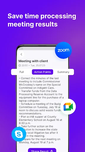 Zoom meeting transcription interface showing meeting summary with Full, Action Points, and Summary tab options and sharing button