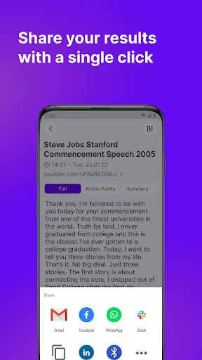 Share transcription results interface with Gmail, Facebook, WhatsApp, Google Drive, LinkedIn, Skype and additional sharing options