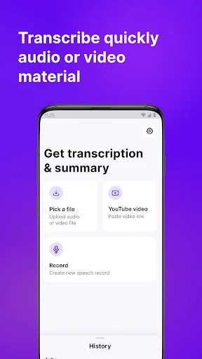 Transcription app home screen with options to pick file, YouTube video, record audio, or view transcription history