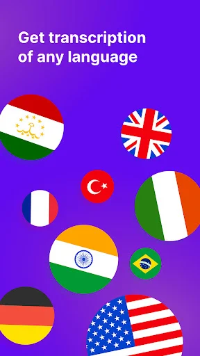 Support for transcription in multiple languages displayed with country flags including European, Asian, American options
