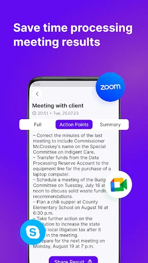 Meeting transcription interface with Zoom integration showing audio-to-text conversion and automatic meeting summary