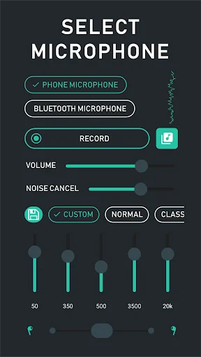 Super Hearing Amplifier microphone selection screen with volume, noise cancel controls, and 5-band equalizer