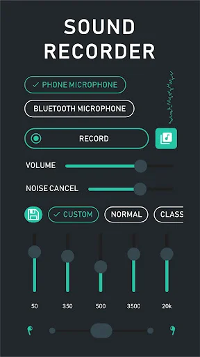 Audio recording feature with sound amplification, microphone input selection, and noise cancel sliders