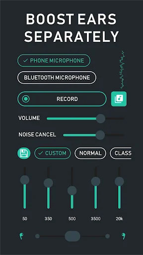 Boost ears separately feature with independent left/right audio control, volume settings, and frequency bands
