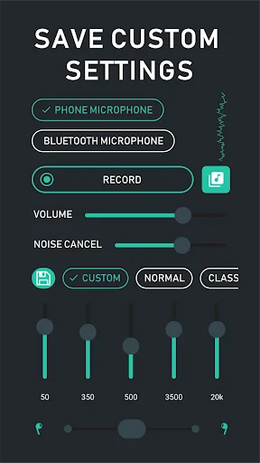 Save custom settings screen with hearing amplifier presets, equalizer controls, and noise cancellation options
