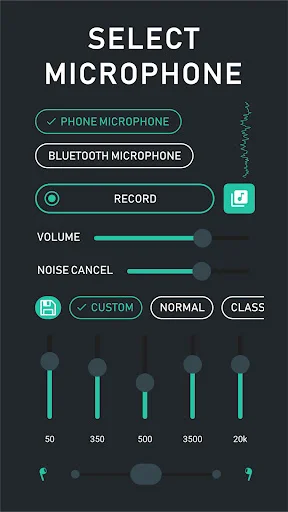 Microphone selection interface for hearing aid app with phone and Bluetooth mic options and EQ controls