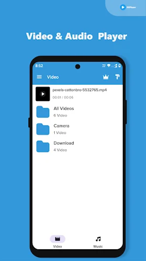 Video and audio player app home screen displaying video library folders and file management interface