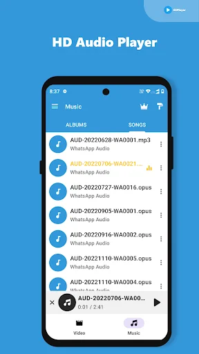 HD audio player music library displaying songs list with WhatsApp audio files and album/song tabs