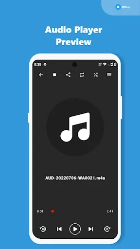 Audio player preview interface with playback controls, progress bar, and music file display screen