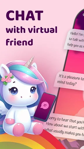 Talking Unicorn app chat interface with Felipe virtual friend and conversation bubbles on pink background