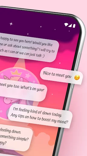 Virtual chat conversation screen showing messaging interface with Felipe unicorn on smartphone display