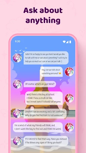 Ask anything chat feature with purple gradient message bubbles and unicorn avatar in conversation thread