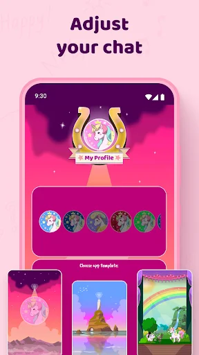 Profile customization screen showing avatar selection and chat background themes with unicorn characters