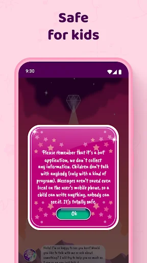 Safe for kids privacy notice explaining child-friendly features and parental controls in chat app