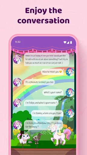 Rainbow-themed chat conversation with unicorn characters Felipe and Emma in outdoor scene background