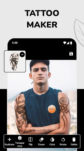 Tattoo Maker app main screen showing realistic arm tattoo designs on photo with editing tools