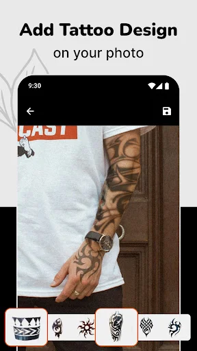 Add tattoo design feature displaying arm tattoo preview with multiple design options to choose from