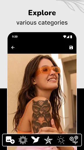 Explore tattoo categories screen showing shoulder tattoo with various category icons for browsing designs