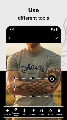 Tattoo editor tools showing resize, rotate, flip, and color adjustment options for design customization