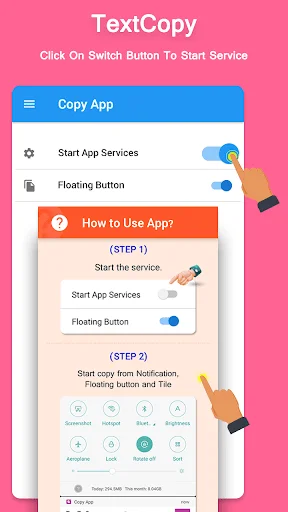 TextCopy home screen with service activation, floating button setup, and how-to guide for copying and pasting text