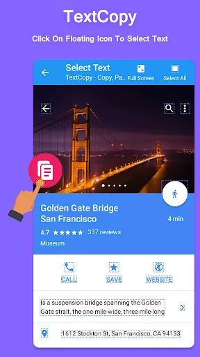 TextCopy text selection interface displaying Golden Gate Bridge info with copy, save, website action buttons and floating icon
