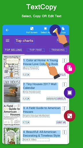 TextCopy book browsing interface showing product list with top charts categories and color-coded floating action copy buttons