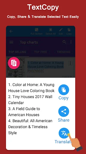 TextCopy copy, share, and translate interface with action buttons for copying, sharing, and translating selected text easily