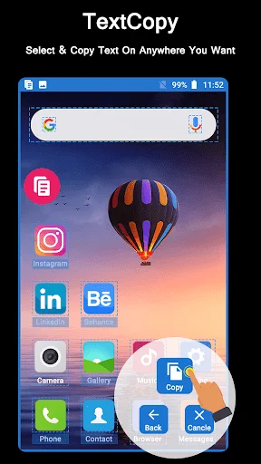 TextCopy floating copy button overlaid on mobile home screen for system-wide text selection and copying from any app