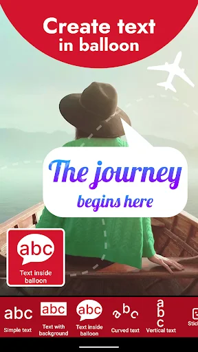 Add Text on Photo app showing speech balloon text feature with travel photo and journey message