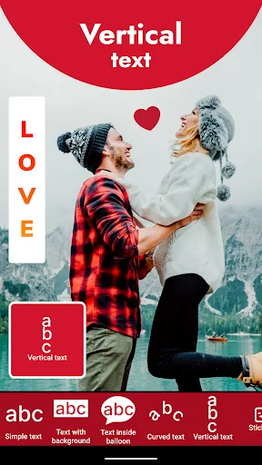 Add Text on Photo app vertical text editing feature displaying LOVE on couple winter photo